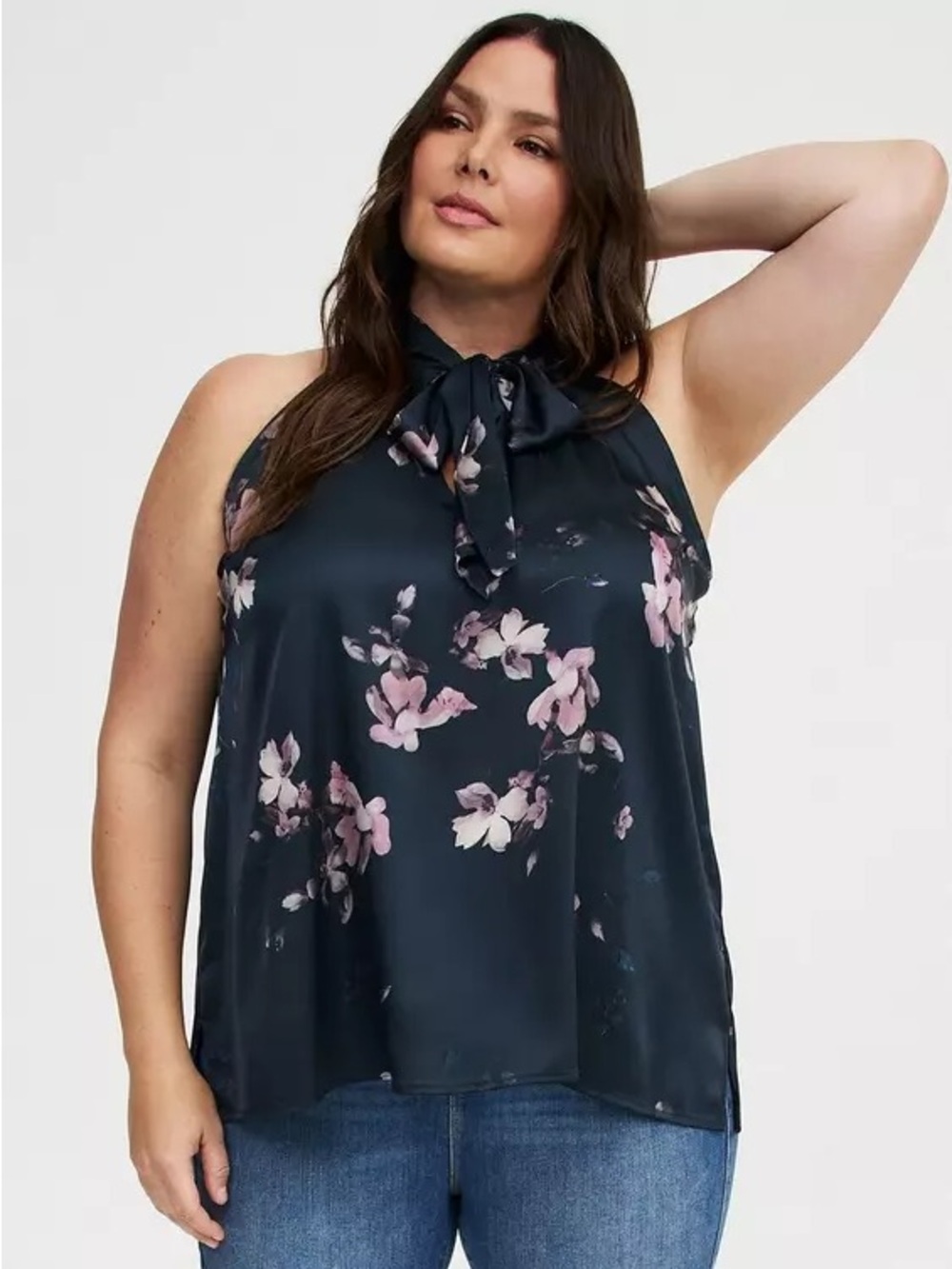 Women's Navy Floral Tie-Neck Halter Top
